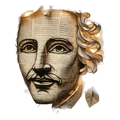 Glowing Shakespeare made of newspaper and 420 hemp leaves and bokeh fairy lights lanterns stained glass, bokeh, annotated sketch, handwritten letters, collage of intricate patterns, lantern sticker