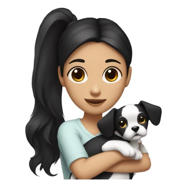 dark black hair girl cuddling a black and white dog with a high ponytail sticker