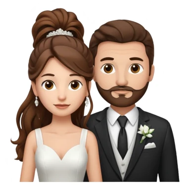 wedding couple woman with long straight brown hair and eyes man with long brown curly hair in pony tail and facial hair sticker
