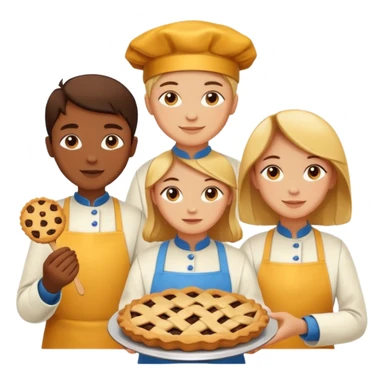 Baking community humanless avatar in vibrant style illustration. Pie, cookie, and muffin warm golden tones, simple shapes, flat design, high contrast. sticker
