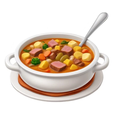 Cinematic Realistic Sancocho Soup Dish Emoji, featuring a rich, hearty stew with diverse meats and vegetables rendered with lifelike detail and warm, comforting lighting. sticker