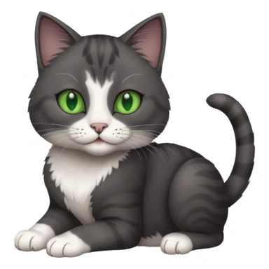 beautiful female solid dark grey cat with green eyes, white toes/paws and white patch on her chest rolling over sticker