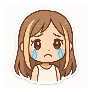 cartoon girl with long straight light brown hair and blonde face-framing highlights, fair skin, big brown eyes with a sad worried look, blue cartoon tears streaming down, frowning mouth, white sleeveless shirt, plain white background sticker
