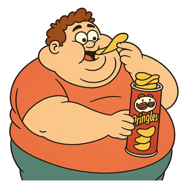 Make the chubby character eating Pringles even fatter, keeping the fun whimsical cartoon style, no background. sticker