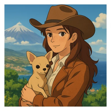 portrait of a cowgirl woman wearing a cream shirt and cognac jacket, freckles, tanned skin, hazel eyes, auburn hair, holding a beige chihuahua in her arms, blurred background of Tenerife, Ghibli style sticker