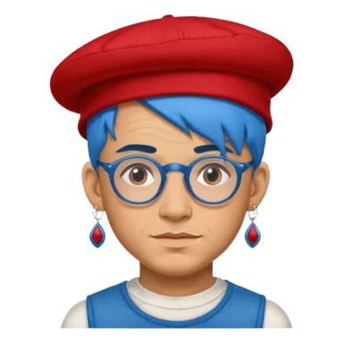 unique looking tourist with big unique red tourist felt hat and earrings, man with lots of tattoes and spectacles, blue hair showing sticker