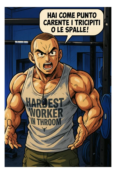 Personal trainer che dice al suo allievo, "hai come punto carente i tricipiti o le spalle!" Stile manga di Dragon Ball sticker