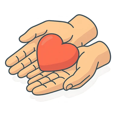 top view of heart in palms, 2D isometric style, very detailed drawing, detailed shadows and highlights, clean contours, soft lighting, transparent background sticker