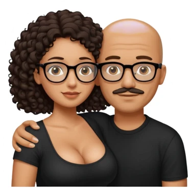 A picture of an embracing tanned couple. the man is a Mexican man with tanned skin, with a bald hair cut, short beard and wearing a black shirt. the woman is short with long curly dark brown hair and with big boobs. Put glasses on the woman only. No glasses on the man sticker