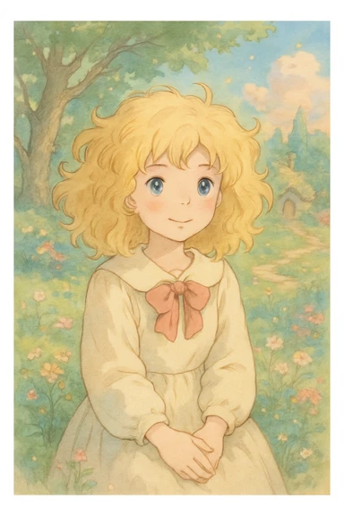 a girl with blonde curly hair, ghibli style sticker