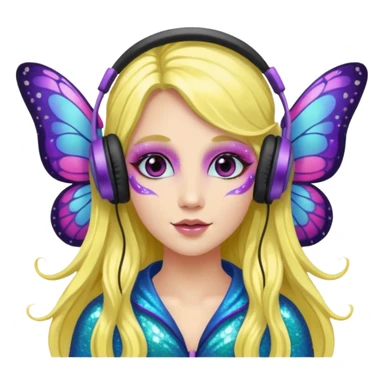 long haired make glitter makeup fairy wearing headpones wing butterfly wings  sticker