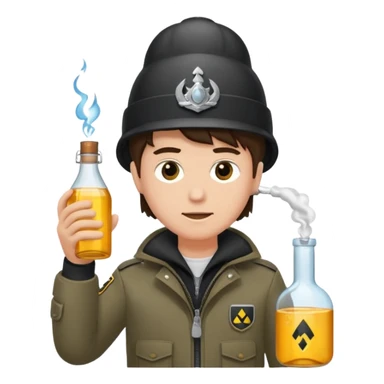 erstell ein bild Von eine jungen der braune augen hat eine sturmhaube trägt und eine Jacky flasche in der Hand hebt plus eine Jacke mit schwarzen fell sticker
