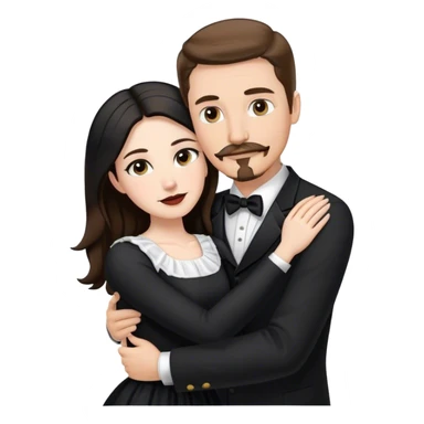 tall white man with brown hair goatee mustache hugging a pale woman with long black hair, wearing black and white formal clothing sticker