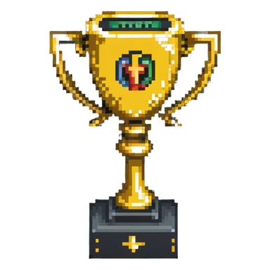 A golden trophy with a computer/code symbol for hackathon winner sticker