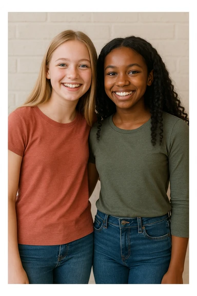 two teenage girls standing next to each other, one with light skin and blonde hair, the other with dark skin and black hair, both smiling, casual clothing, friendly atmosphere sticker