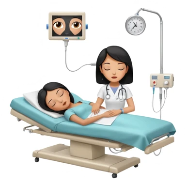 A black-haired woman in her 50s lying on an examination bed with eyes closed, shown in a wide, full-body shot in a clean colonoscopy procedure room. Only the patient is visible. sticker