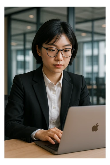 Professional Asian girl with short black hair, glasses, using a Mac laptop, in a suit sticker