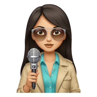dark long haired woman with summer clothes and sun glasses holding microphone sticker