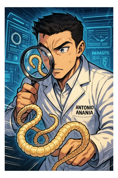 A dynamic manga/webtoon-style illustration of a young male kinesiologist wearing a clean white lab coat, analyzing light beige worms like a tapeworm under a magnifying glass. His expression is focused and slightly intrigued, with sharp, detailed eyes. The art style is vibrant, with bold linework, rich colors, and dramatic lighting. The background is a futuristic laboratory with glowing holographic screens displaying parasite data. The tapeworm is intricately drawn, slimy and segmented, with a slightly exaggerated yet realistic texture. The composition is dynamic, with motion lines or energy effects to emphasize his scientific investigation. The atmosphere is intense but not dark, keeping a balance between scientific seriousness and stylish manga aesthetics, he has "ANTONIO ANANIA" WRITTEN ON WHITE LAB COAT sticker