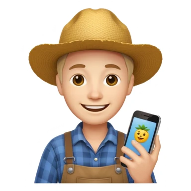 a cheerful farmer emoji showing a smartphone, bright and clear sticker