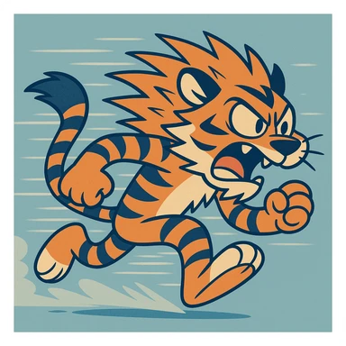 a stylized tiger running at high speed, blue and orange color palette, reminiscent of Sonic the Hedgehog, with motion blur and spiky fur, cartoon style sticker