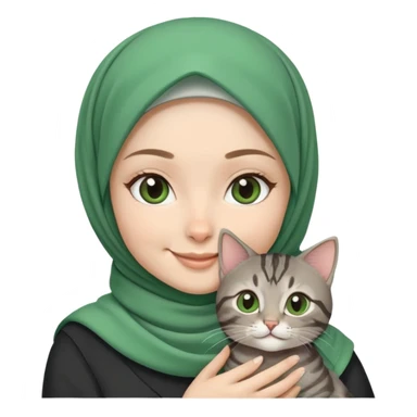 White girl wearing cute green hijab holding a black grey tabby cat while smiling sticker