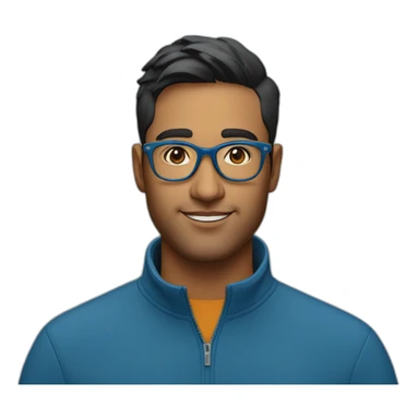 29 year oldindian tech founder clean shaven in blue quarter zip with tortoise glasses sticker