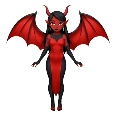 Full red-skin demon girl (entire body red), long black hair, small red horns, pointed ears, single bat wing, black open-back dress, bold tattoo-flash comic linework, red/black/gray, dark background, no text. sticker
