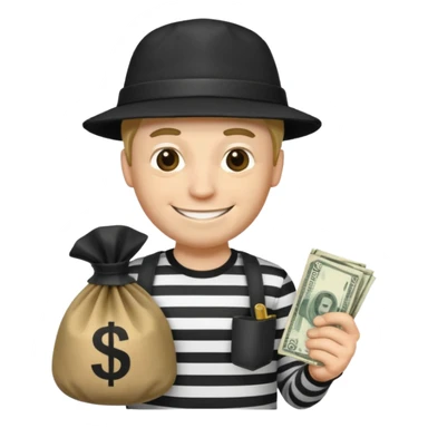 robber with 4 lines of black and white striped shirt and he has a money bag in his hand and a robber hat and he is smiling and he is white sticker
