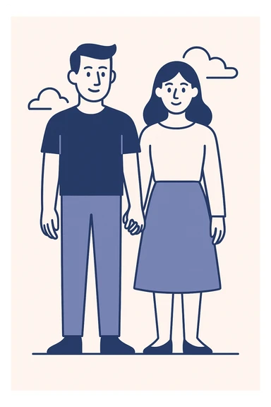 a couple holding hands and standing straight, clean modern illustration style sticker