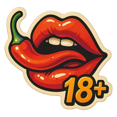 retro sticker-style illustration of lips with a chili pepper in the mouth and '18+' text, juicy, bold, playful, expressive shadows, highlights, sticker-like volume, varied pepper and lip positions sticker