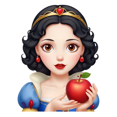 Cinematic Elegant Snow White Portrait Emoji, Delicately holding a red apple, eyes glimmering with mystery, soft curls perfectly placed, her royal presence glowing with a warm, enchanting charm! sticker