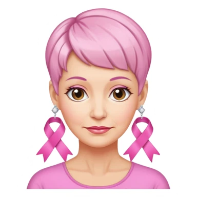 Mature Woman with pixiecut wearing earrings of pink ribbons sticker