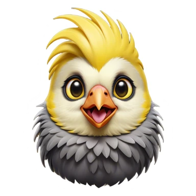Cinematic Comical Cockatiel Portrait Emoji, Head tilted dramatically with an exaggeratedly amused expression, featuring a striking grey fur with bold yellow accents and a flamboyant crest, wide, expressive dark eyes filled with playful disbelief, Simplified yet hilariously expressive features, highly detailed, glowing with a slightly sassy glow, high shine, dramatic yet playful, stylized with an air of cheeky mischief, bright and endearing, soft glowing outline, capturing the essence of a spirited and over-the-top cockatiel, so meme-worthy it feels like it could side-eye its way into internet fame instantly! sticker