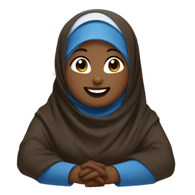 Black chubby Hijabi cry laughing sitting in brown abaya and white and blue hijab sticker