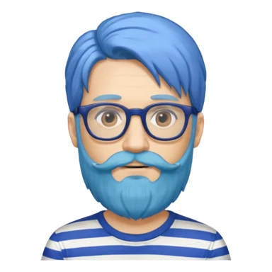 man with long blue hair, glasses, and a long beard and wearing a striped t-shirt sticker