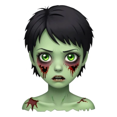 Zombie girl with messy black short hair with lashes and torn cheek sticker