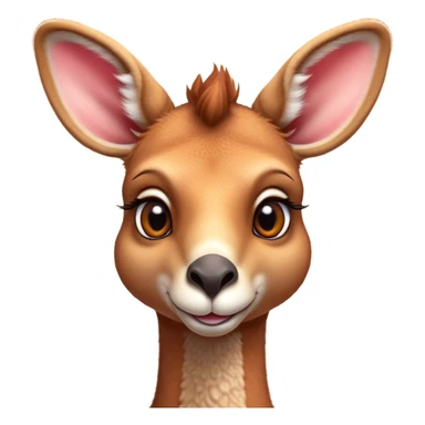 Cinematic Cute Adult Red Kangaroo Portrait Emoji, Head tilted playfully and inquisitively, showcasing a charming, robust build with soft reddish fur and a uniquely camel-like head featuring a gentle, elongated snout and rounded ears, with large, sparkling eyes full of wonder, Simplified yet irresistibly adorable features, highly detailed, glowing with a warm, friendly glow, high shine, affectionate and lively, stylized with a touch of outback whimsy, soft glowing outline, capturing the essence of a mischievous yet loving kangaroo that seems as if it could hop out of the screen into your arms! sticker