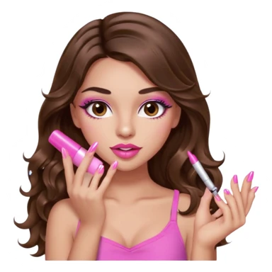 girl with long wavy brown hair, brown eyes, light to medium complexion, in a pink sexy top, pink lips, long lashes, puckered lips, showing my nails sticker