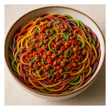 bowl of colorful spaghetti bolognese with visible diced meat, no text sticker