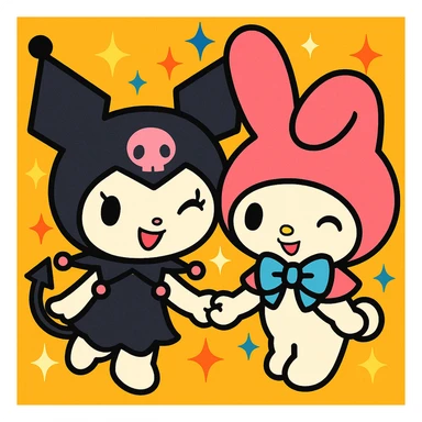 Kuromi and My Melody together, anime style, winking, holding hands, sparkles around them sticker