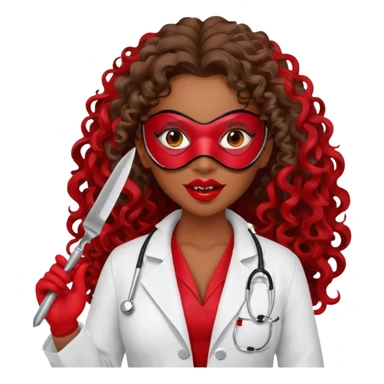 Lilith symbol seductress evil woman. She had brown long curly hair.  evil surgeon kills with scalpel wears red sexy doctor coat with red mouth mask  sticker