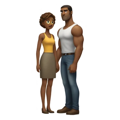 woman stands behind a large man sticker