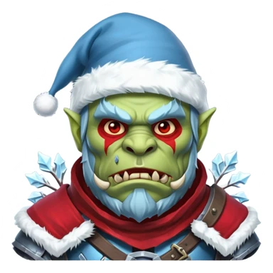 
Fantasy Christmas orc legion soldier icon, iron tundra army theme, heavy winter armor, disciplined brutal look, icy blue steel armor with deep crimson accents, frozen metal texture, cold winter atmosphere, male variant sticker