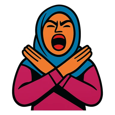 hijabi woman, yelling, hands crossed in an X over her neck sticker