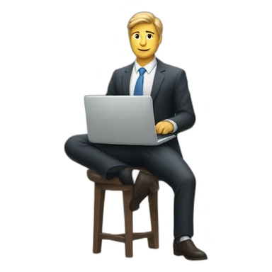 man sitting on stool wearing a suit holding up a laptop sticker
