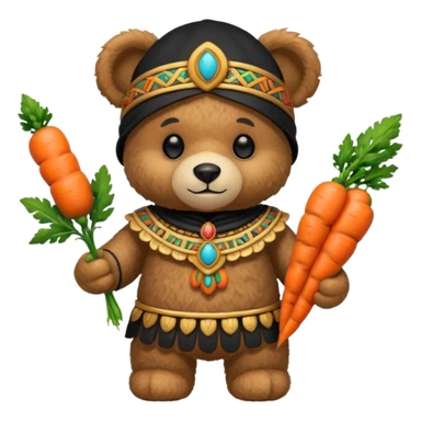 teddy bear, wearing black mayan ancient custome, with carrot half body sticker