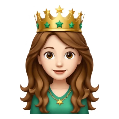 Apple style 3D emoji of a young woman inspired by the Starbucks logo. She has long wavy hair on both sides, a crown with a star on her head, and a soft smile. Smooth, shiny, simple emoji look. sticker
