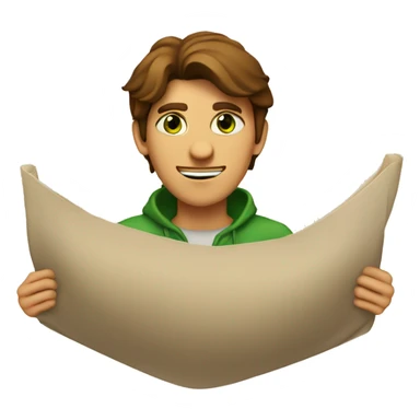 a light-skinned green-eyed man with brown hair sitting in front of the paper scroll  sticker