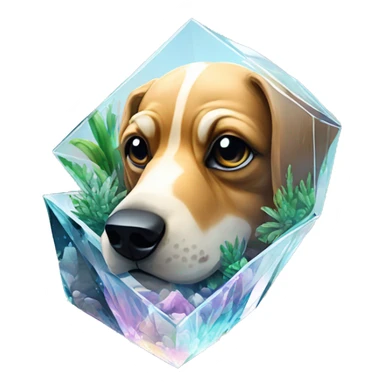 A dog made of glass mirror crystals prisms glass transparent filled with plants as a terrarium with graffiti doodles sticker
